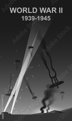 World War II 1939-1945 black and white vector illustration. Air force aircraft night scene monochrome icon.