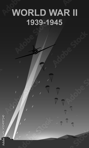 World War II 1939-1945 black and white vector illustration. Paratrooper landing in night monochrome icon.