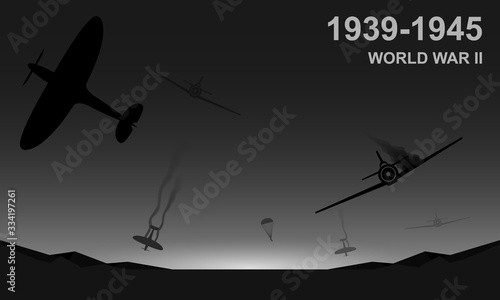 World War II 1939-1945 black and white vector illustration. Air force aircraft chase.