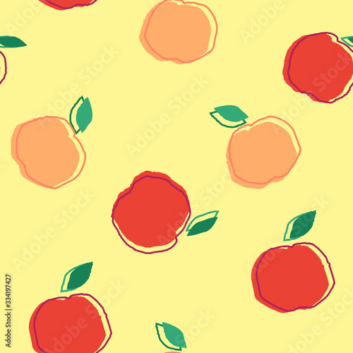 Seamless apple vector pattern. Hand drawn pink and red fruit for wallpaper textile fabric designs. Cute vector illustrations in offset pring style.