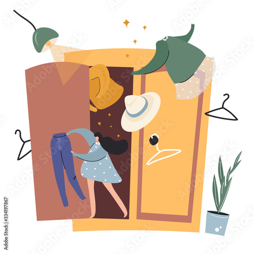 Cute flat vector illustration with a girl and a wardrobe about spring clutter