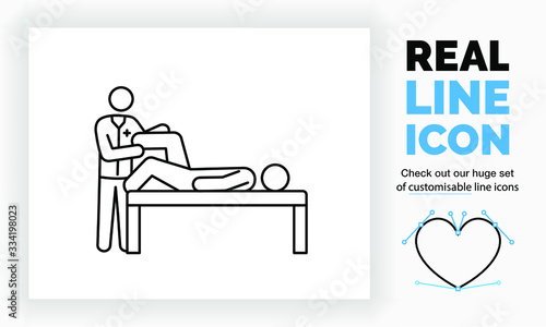 Editable real line icon of a doctor stick figure in full body view doing a check on a patient his leg and knee seeing if there is friction in the bone and tissue in clean black lines as a eps vector