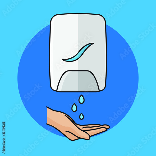 Hand wash. Hand sanitizer. Alcohol-based hand rub. Rubbing alcohol. Wall mounted soap dispenser. Wall hanging hand wash container. Protection from germs such as coronavirus (Covid-19) icon design