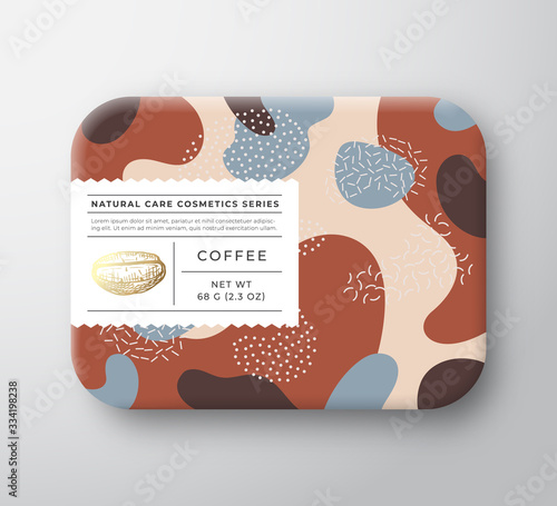 Coffee Bath Cosmetics Package Box. Vector Wrapped Paper Container with Care Label Cover. Packaging Design. Modern Typography and Hand Drawn Bean. Abstract Camo Background Pattern Layout.