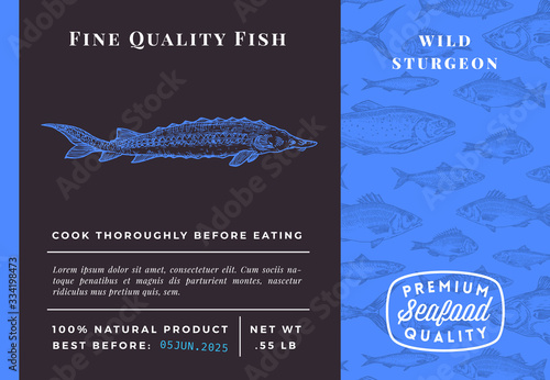 Premium Quality Sturgeon Abstract Vector Packaging Design or Label. Modern Typography and Hand Drawn Sketch Fish Pattern Background Seafood Layout