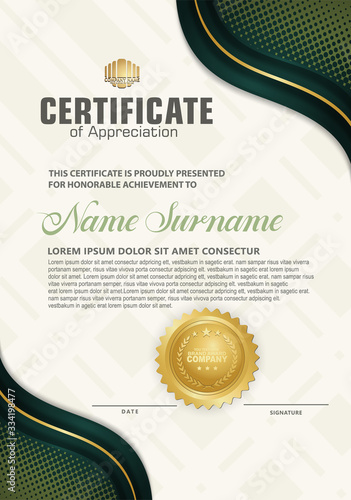 Luxury vertical modern certificate template with green and gold flow lines effect ornament on texture pattern background,