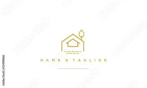 A line art icon logo of a minimal house logo with water and tree