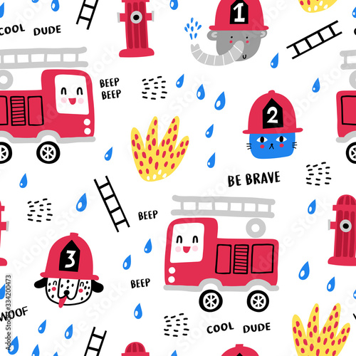 Childish seamless pattern with fire, fire truck and cute fire amimals . Perfect for kids apparel, fabric, textile, nursery decoration,wrapping paper. Trendy vector background.