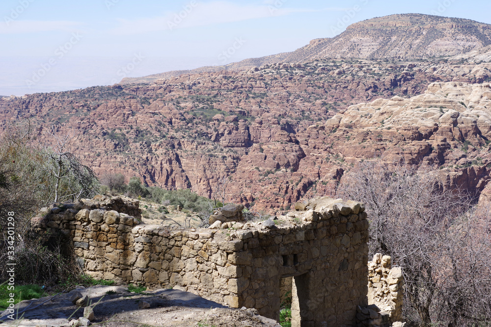 Ruines de pierres face à la vallée de Dana