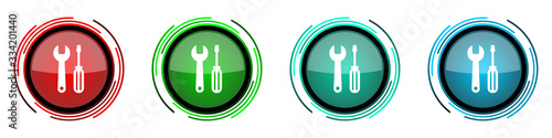 Tool round glossy vector icons, set of buttons for webdesign, internet and mobile phone applications in four colors options isolated on white background