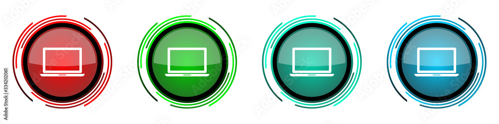 Notebook, laptop round glossy vector icons, set of buttons for webdesign, internet and mobile phone applications in four colors options isolated on white background Notebook, laptop round glossy vector icons, set of buttons for webdesign, internet and mobile phone applications in four colors options isolated on white background