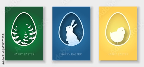 Set of 3d abstract paper cut banner of rabbit, chicken, plant and eggs. Happy easter greeting card template.