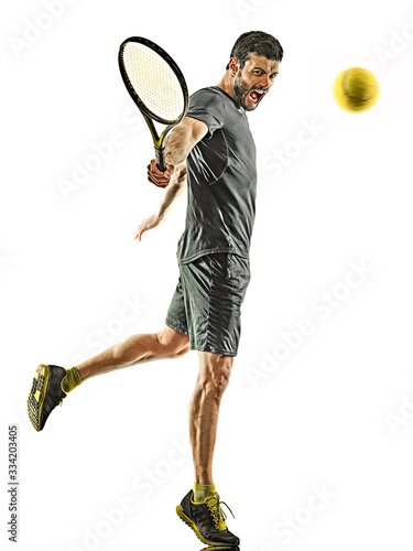 mature tennis player man backhand silhouette full length isolated white background