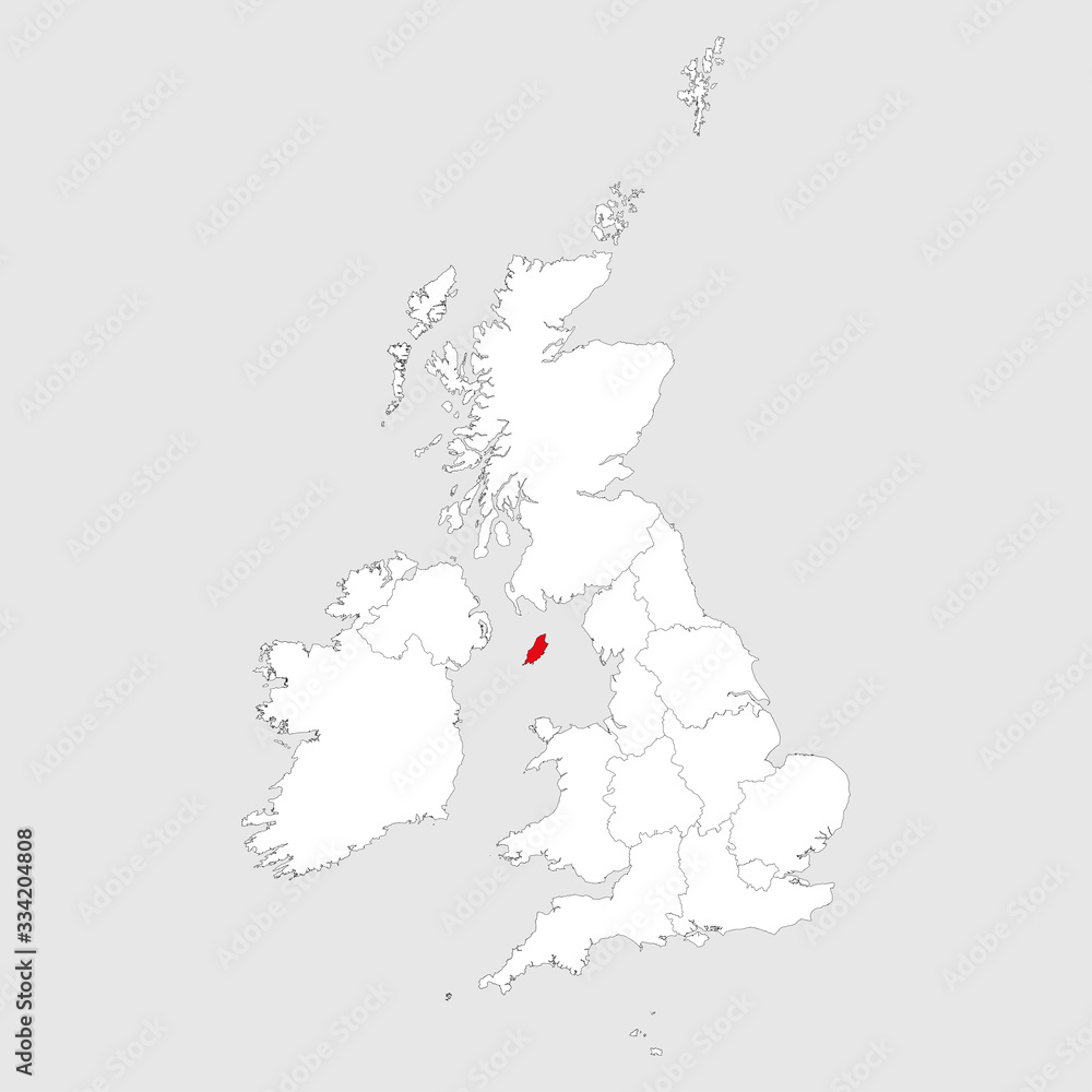 Isle of man map highlighted red on united kingdom political map. Light gray background. Perfect for Business concepts, backgrounds, backdrop, chart, label, sticker, banner and wallpapers.