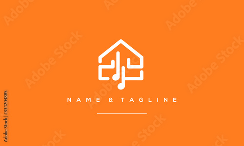 A line art icon logo of a house with music note symbol