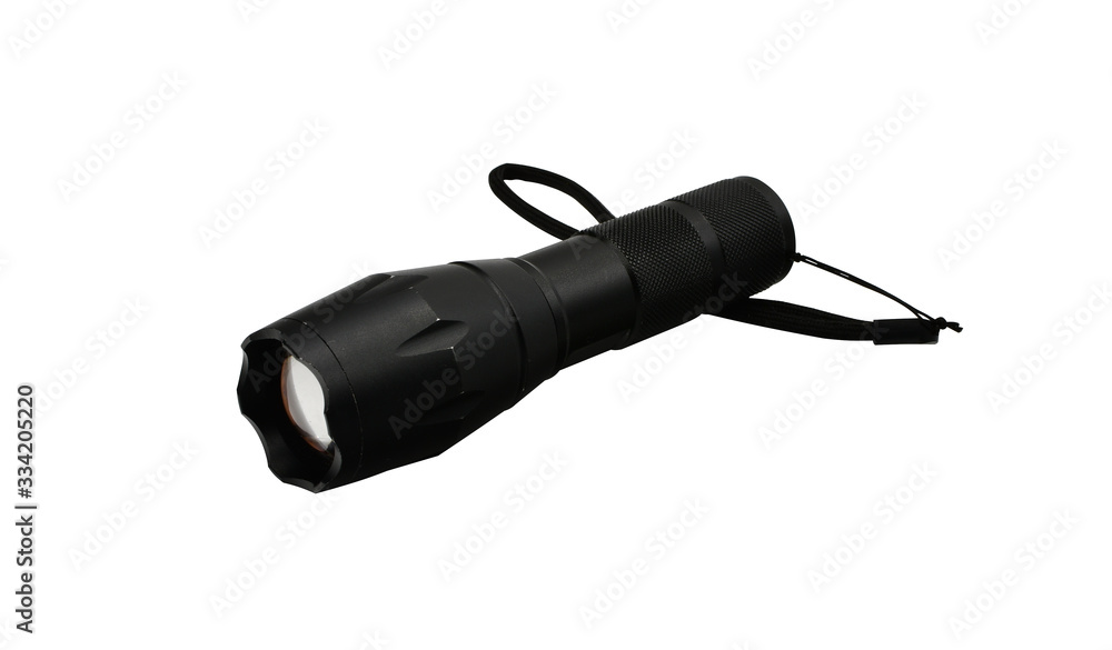 Schwarze Taschenlampe von schräg vorne Schwarze Taschenlampe von schräg vorne