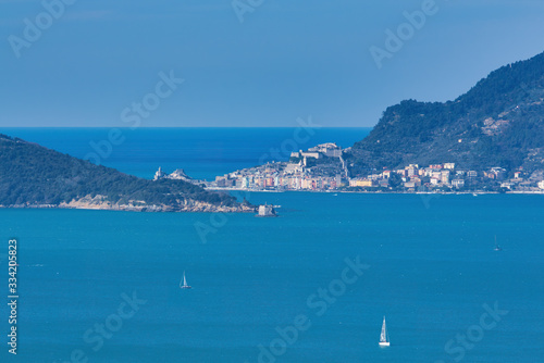 Panorama of Portovenere from Tellaro in the Gulf of Lerici Liguria Italy