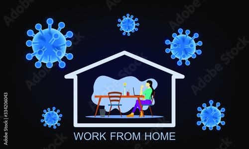 Woman work from home to prevent coronavirus spreading vector concept, social isolation, self quarantine flat cartoon concept.