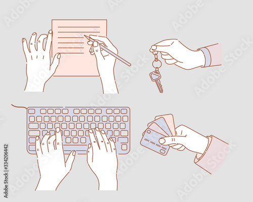 Hands typing on keyboard, making checklist, holding keys and credit cards vector cartoon illustration.