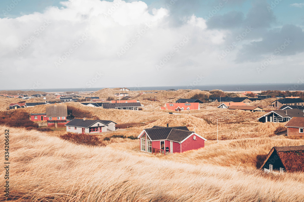 holiday homes in the dunes of hvide sande denmark - obrazy, fototapety, plakaty 