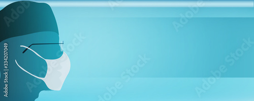 Portrait silhouette doctor or nurse in profile protecting himself with a medical mask against coronavirus. Banner. Panorama medical and nursing staff. Corona virus concept. Copy space