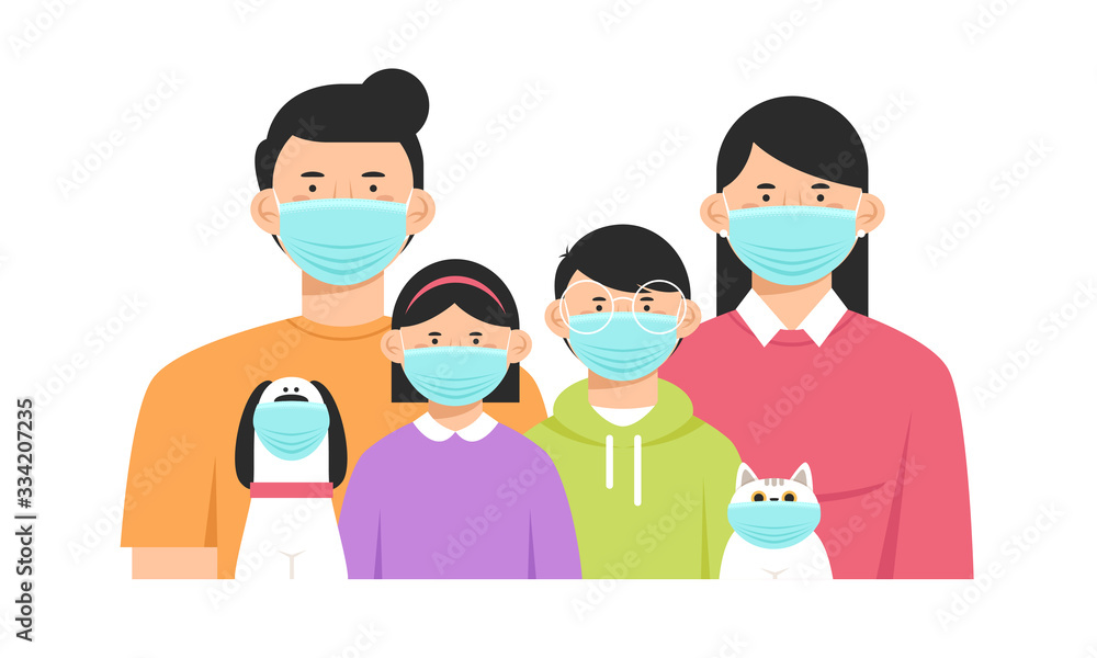 Family and their animals in protective masks
