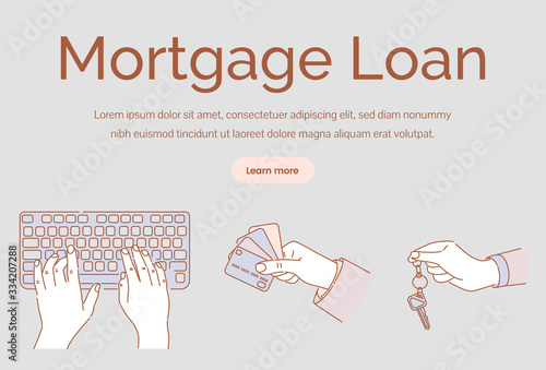 Mortgage loan landing page concept. Hands typing on keyboard and holding credit cards and keys.
