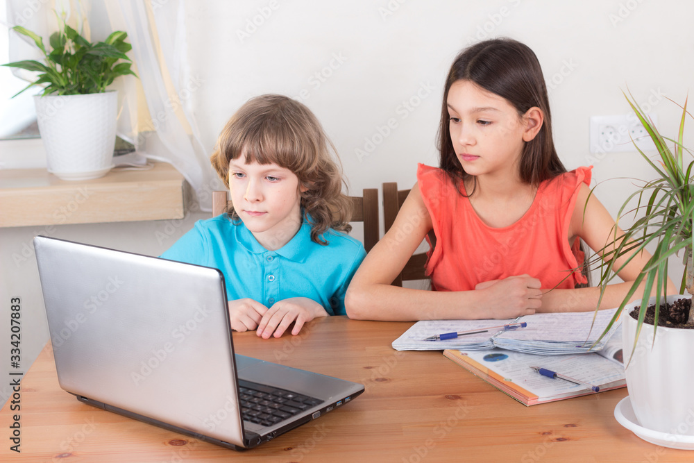 Children boy and girl on distance education, homeschooling and doing homework. E-learning at home, web lesson concept Children boy and girl on distance education, homeschooling and doing homework. E-learning at home, web lesson concept