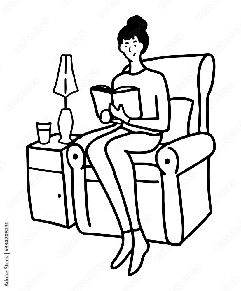 Hand drawn vector illustration. Woman is sitting in a comfortable chair and reading a book. Favorite home hobby concept. Black outline graphic picture isolated in white. Doodles, flat, simple style. Hand drawn vector illustration. Woman is sitting in a comfortable chair and reading a book. Favorite home hobby concept. Black outline graphic picture isolated in white. Doodles, flat, simple style.