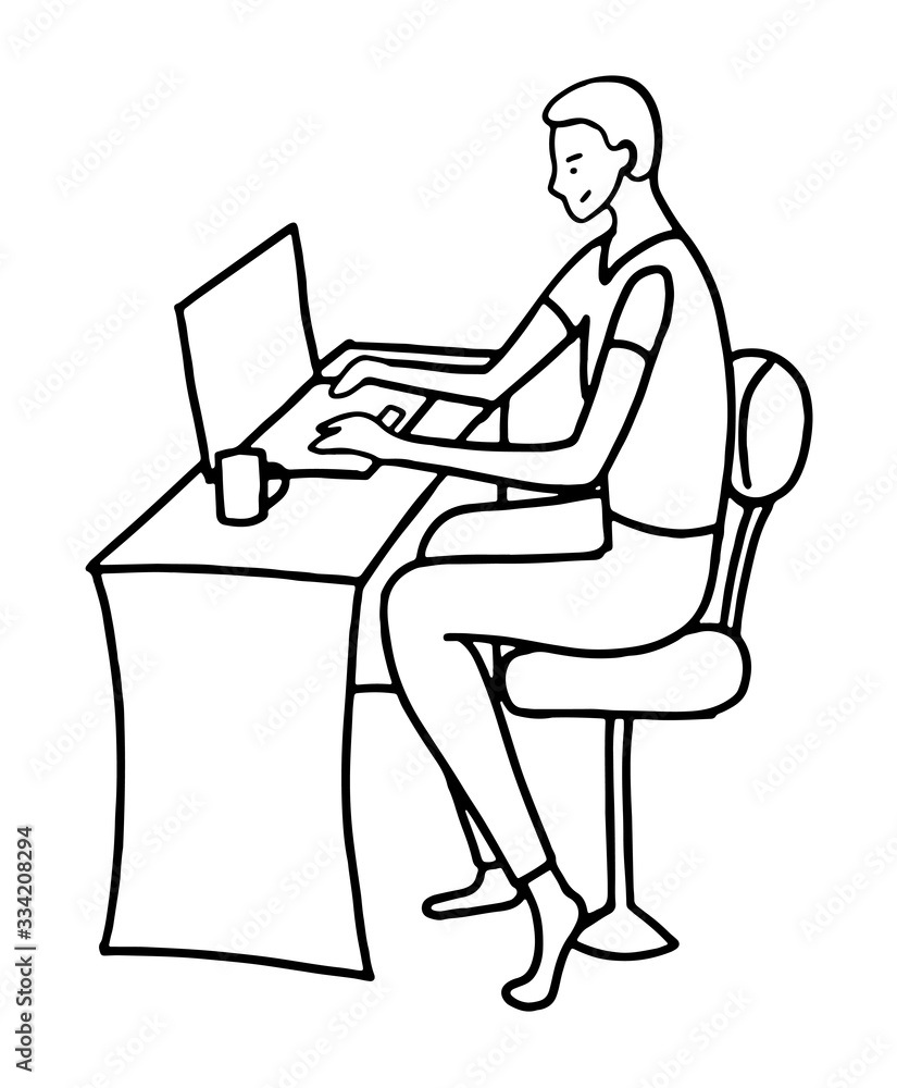Hand drawn vector illustration. Young man is sitting at a table with laptop. Remote work, freelance concept. Minimalistic black outline graphic picture isolated in white. Doodle, flat, simple style. Hand drawn vector illustration. Young man is sitting at a table with laptop. Remote work, freelance concept. Minimalistic black outline graphic picture isolated in white. Doodle, flat, simple style.