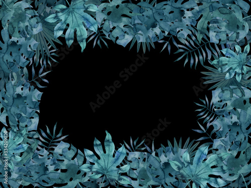 Horizontal rectangular dark frame template with watercolor tropical leaves. Exotic hand painted illustration on black background.