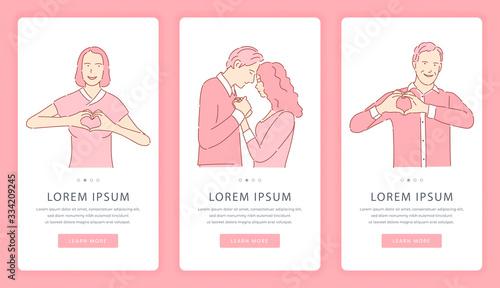 Dating application mobile app screens. Romantic love story, Valentine day website template.