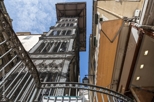 The old Santa Giusta elevator is a landmark of Lisbon. Bottom view, close-up. Lisbon, Portugal