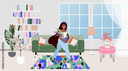 Woman designer in a trendy apartment. Hand drawn illustration of the modern contemporary living room design. Book shelf, sofa, table, colorful carpet and home plants. Happy female character. Florist.