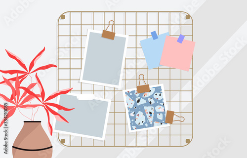 Wallpaper Mural Latticed gold mood board, memory board on the wall vector illustration. Blank cards and terrazzo pattern card. Red flower in a pot. Minimalistic home stationary and workspace design. Trendy artwork. Torontodigital.ca