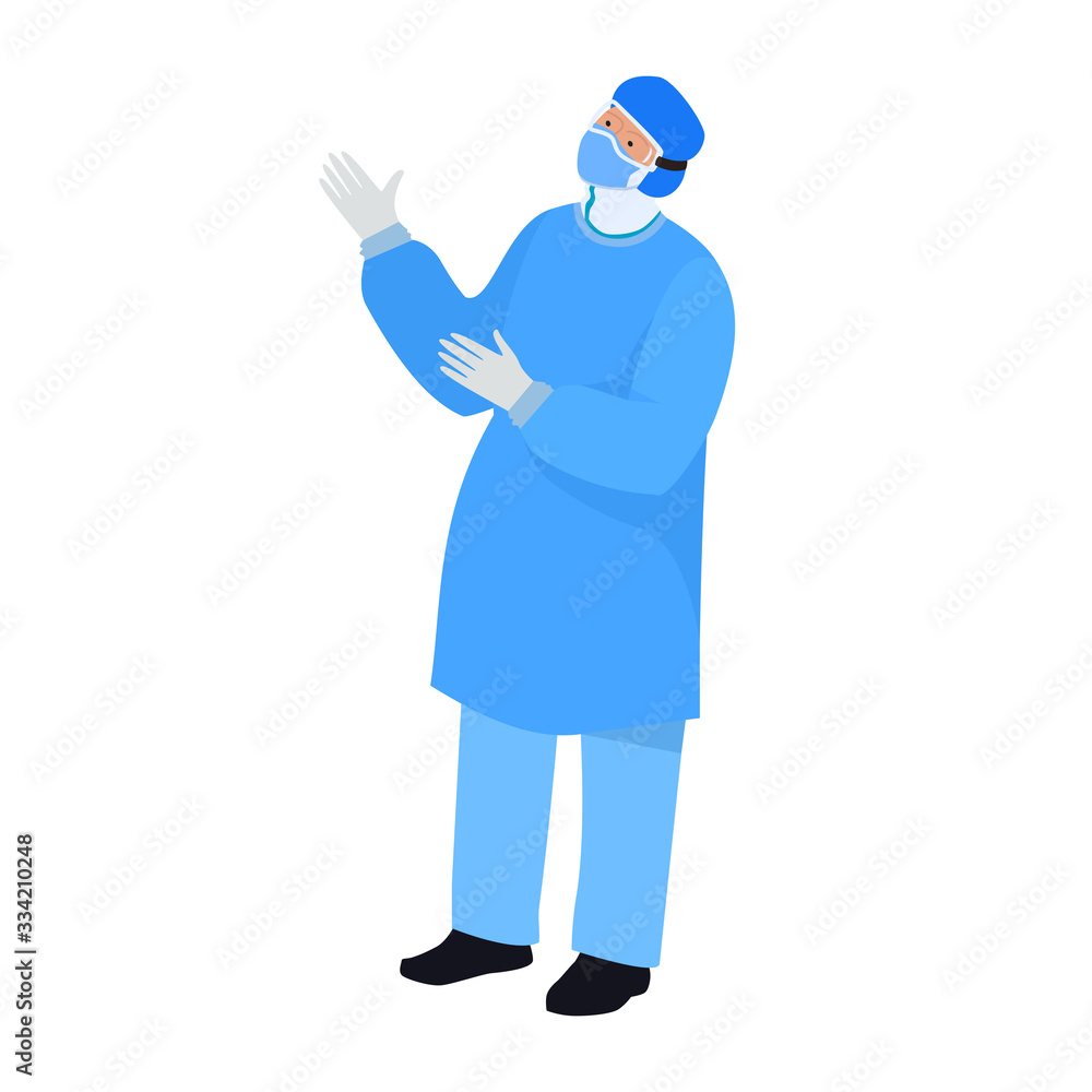 A nurse wearing personal protective equipment for medical professionals Doctor with hands up Medical staff uniform Vector flat illustration isolated on white background A nurse wearing personal protective equipment for medical professionals Doctor with hands up Medical staff uniform Vector flat illustration isolated on white background
