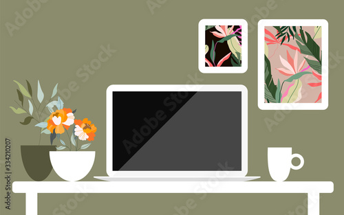 Home workspace illustration. Work from home. Worldwide quarantine concept. Modern interior design. Laptop  coffee cup and flowers in pots on the table  frames on the wall.
