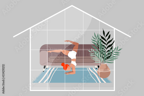Girl doing yoga. Modern illustration of a woman doing yoga in the living room. House silhouette. Beautiful contemporary interior design. Cozy living and self isolation concept. Quarantine.