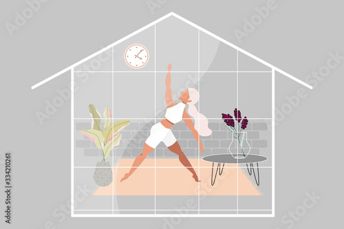 Girl doing yoga. Modern illustration of a woman doing yoga in the living room. House silhouette. Beautiful contemporary interior design. Cozy living and self isolation concept. Quarantine.