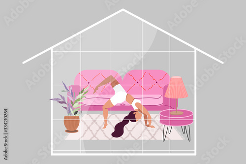 Girl doing yoga. Modern illustration of a woman doing yoga in the living room. House silhouette. Beautiful contemporary interior design. Cozy living and self isolation concept. Quarantine.