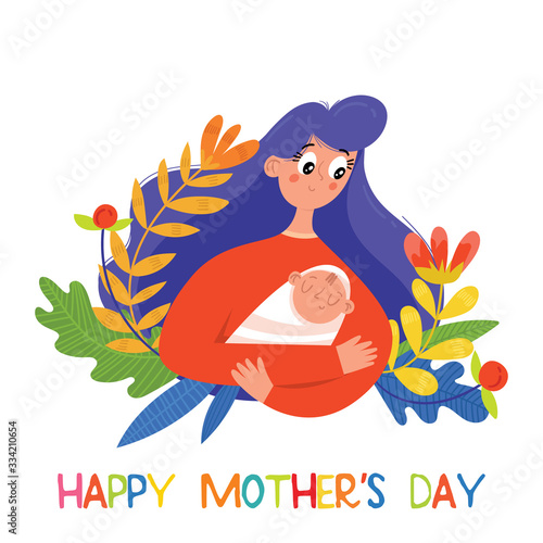 Happy Mother's Day greeting card in cartoon style. Cute vector illustration with woman and her child.