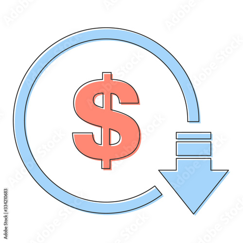 Cost reduction- decrease dollar icon. Vector symbol image isolated on background .