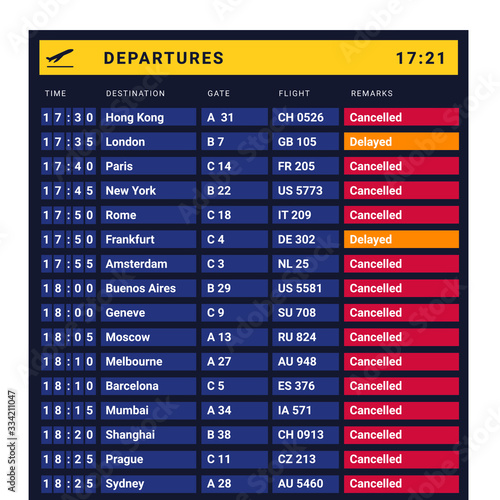 Airline industry crisis. Airport Flight Board with Departures showing cancelled destinations. Vector illustration.