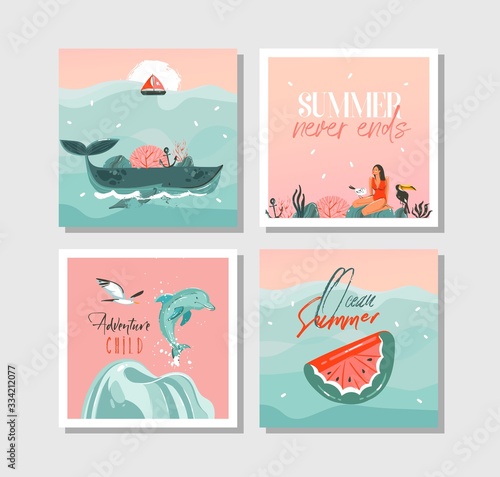 Hand drawn vector abstract graphic cartoon summer time flat illustrations cards template collection set with beach people,mermaid and whale,sunset and tropical birds isolated on white background