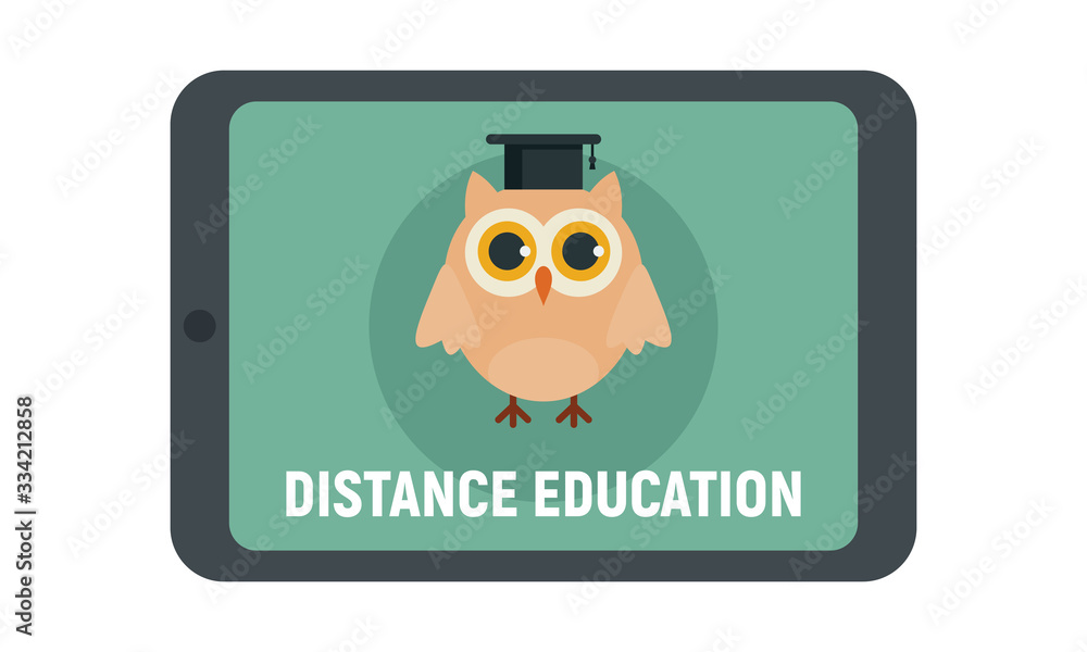 Distance education. Vector illustration with tablet and wise owl, symbol of distance learning. Quarantined Learning