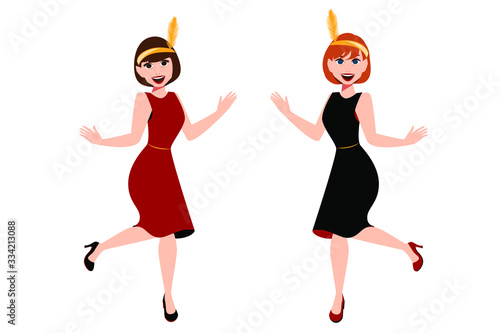 Two girls in clothes in the style of the twenties dance retro music.