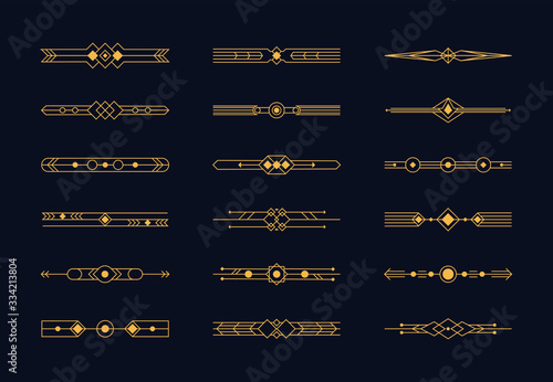 Set of art deco borders.1920s vintage gold dividers, vector retro header graphic elements, flourishes page decoration vignettes for wedding design