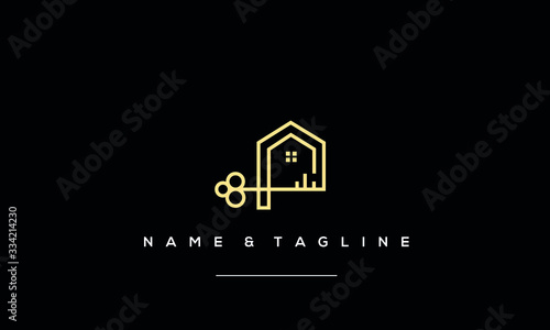 A line art icon logo of a house with a key
