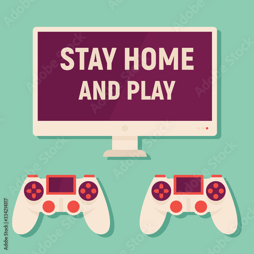 Stay home and play games. Vector concept with monitor and gamepads. Quarantine and self isolation