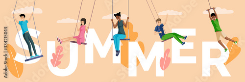 Summer word banner template. People swinging on rope swings flat illustration.
